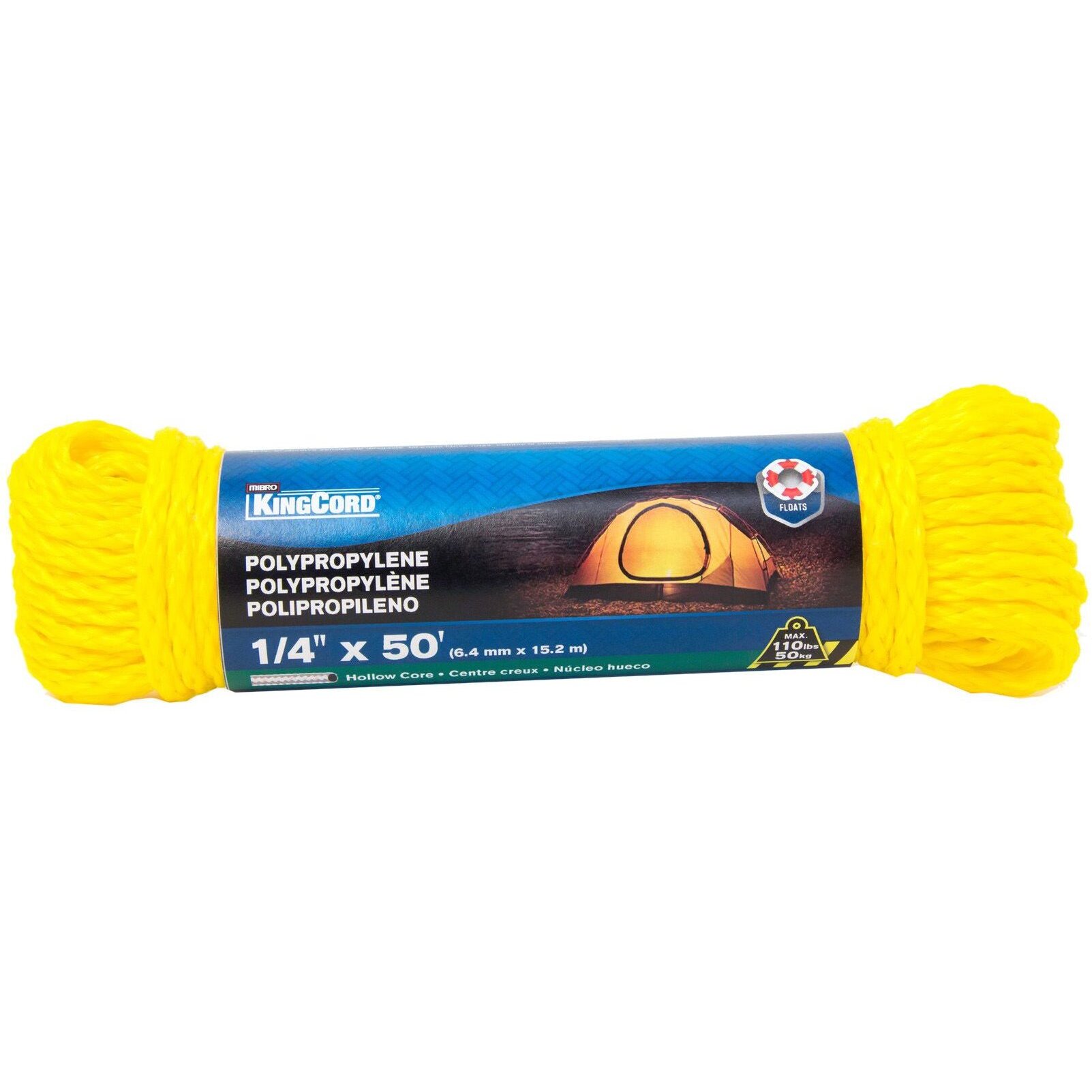 KingCord 300291V1  1/4" x 50' Hollow Core Yellow Polypropylene Rope