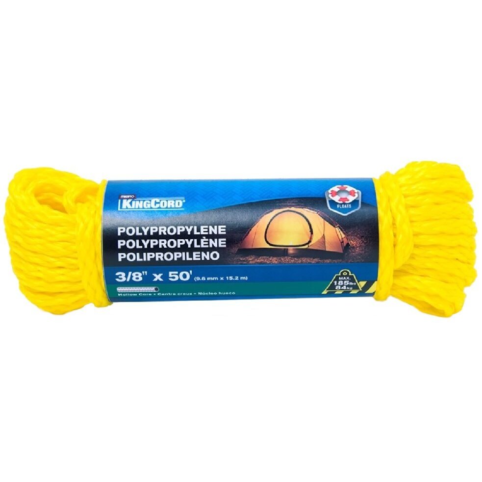 KingCord 300321V1  3/8" x 50' Hollow Core Yellow Polypropylene Rope