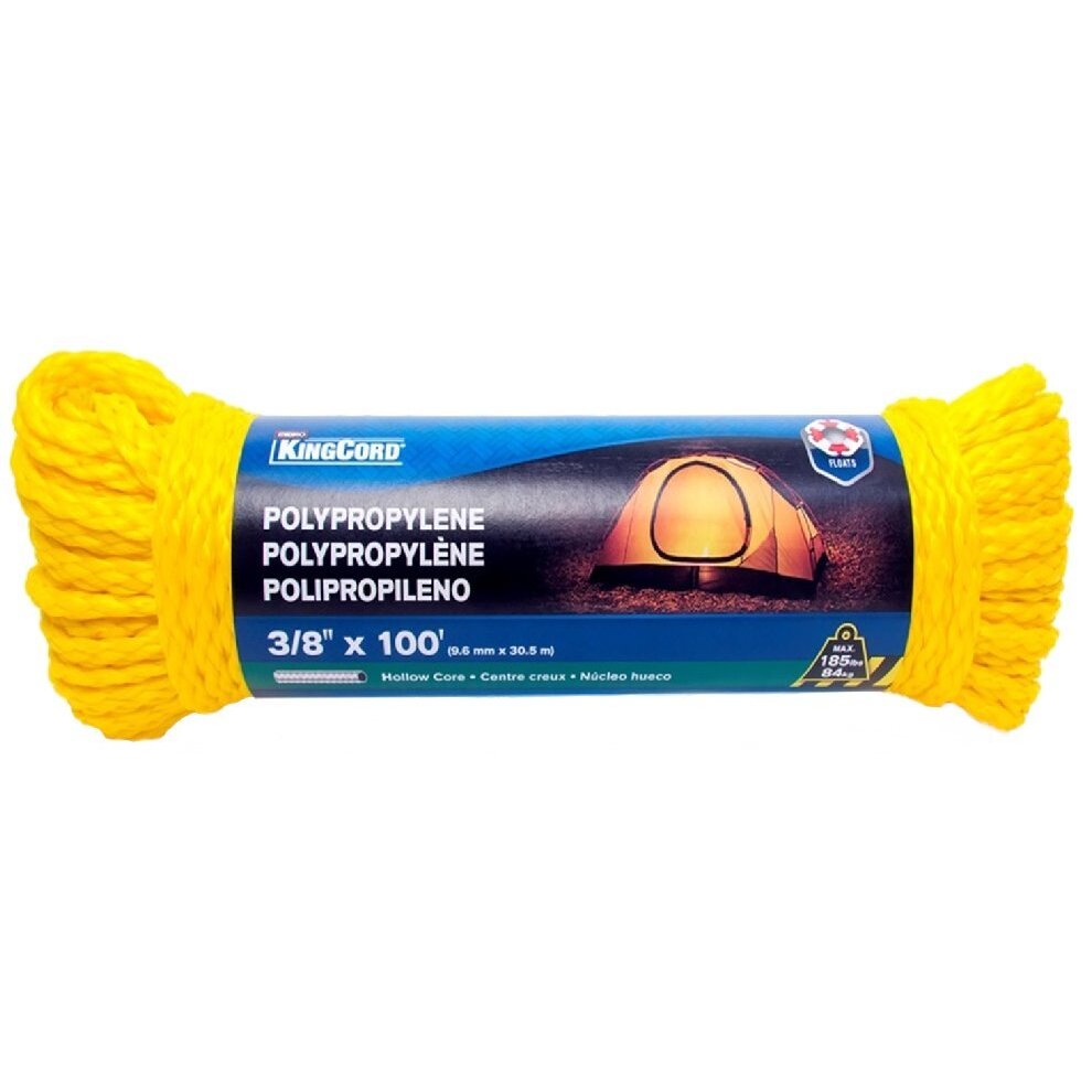 KingsCord 300331BGV1 3/8" x 100' Hollow Core Yellow Polypropylene Rope KingsCord 300331BGV1 3/8" x 100' Hollow Core Yellow Polypropylene Rope