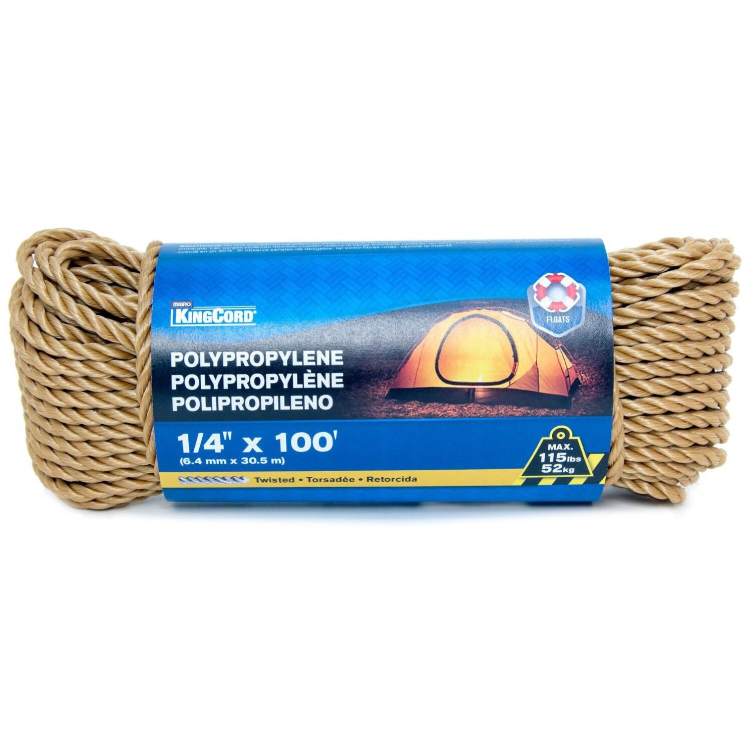 KingCord 301811BGV1  1/4" x 100' Twisted Tan Polypropylene Rope