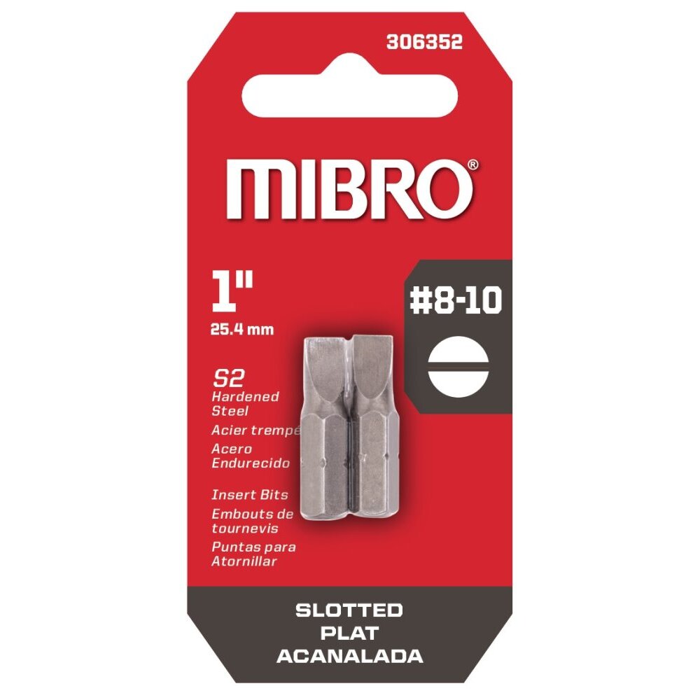 Mibro 306352  #8-10 x 1" Slotted Insert Bits - 2 per Card Mibro 306352  #8-10 x 1" Slotted Insert Bits - 2 per Card