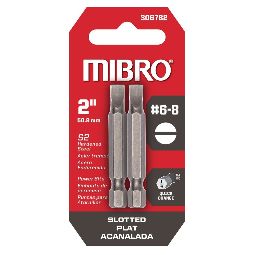 Mibro 306782 #6-8 x 2" Slotted Power Bits - 2 per Card Mibro 306782 #6-8 x 2" Slotted Power Bits - 2 per Card