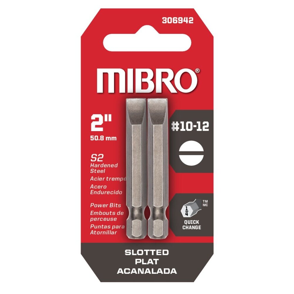 Mibro 306942 #10-12 x 2" Slotted Power Bits - 2 per Card Mibro 306942 #10-12 x 2" Slotted Power Bits - 2 per Card