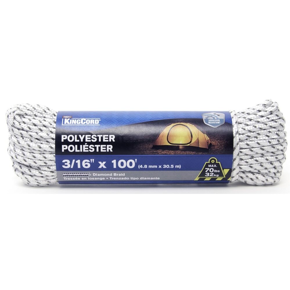 KingCord 342761BG  3/16" x 100' White/Gray Rope Poly