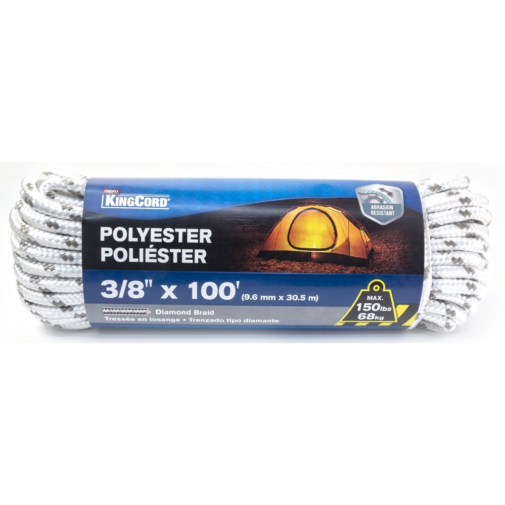 KingCord 342801BG  3/8" x 100' Diamond Braid White/Gr Rope Poly