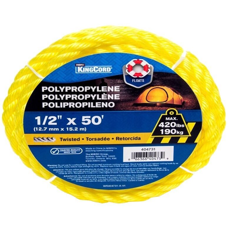 KingCord 404731BGV1  1/2" x 50' Twisted Yellow Polypropylene Rope