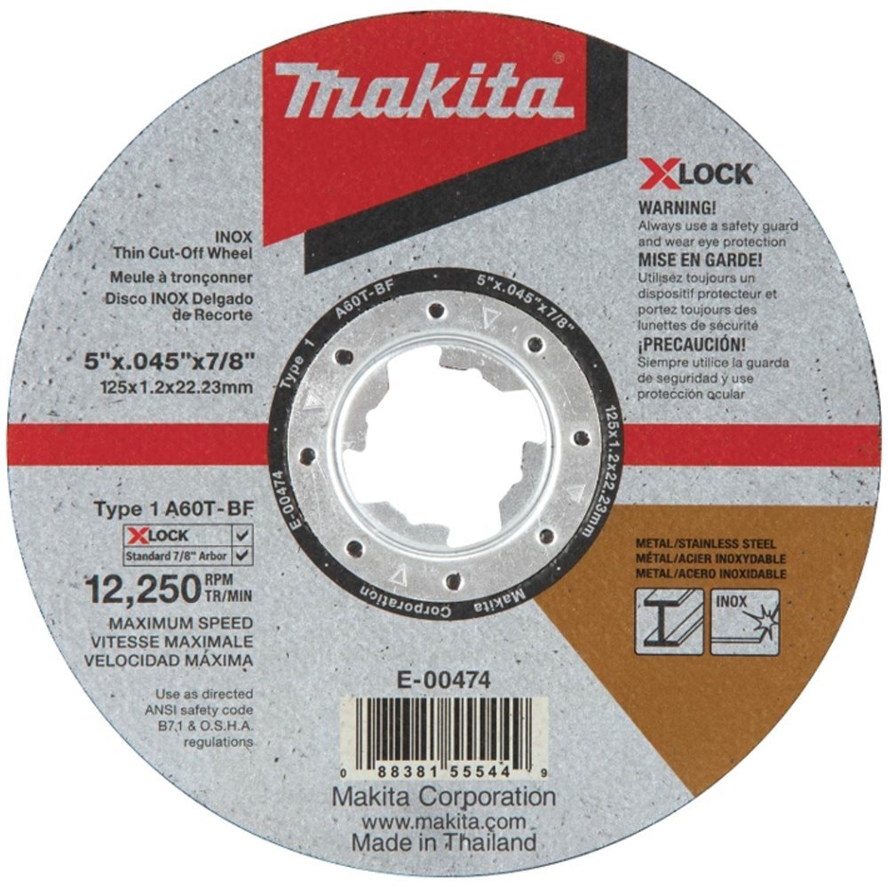 Makita E-00474 X-LOCK 5" x .045" x 7/8" Type 1 General Purpose 60 Grit Thin Cut-Off Wheel for Metal and Stainless Steel Cutting Makita E-00474 X-LOCK 5" x .045" x 7/8" Type 1 General Purpose 60 Grit Thin Cut-Off Wheel for Metal and Stainless Steel Cutting