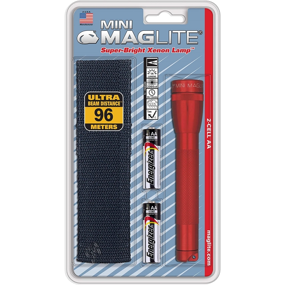MagLite M2A03H  Mini Maglite Incandescent 2-Cell AA Flashlight with Holster, Red