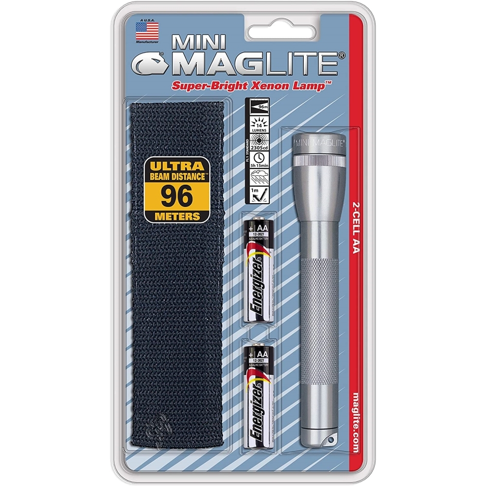 MagLite M2A10H  Mini Maglite Incandescent 2-Cell AA Flashlight with Holster Silver