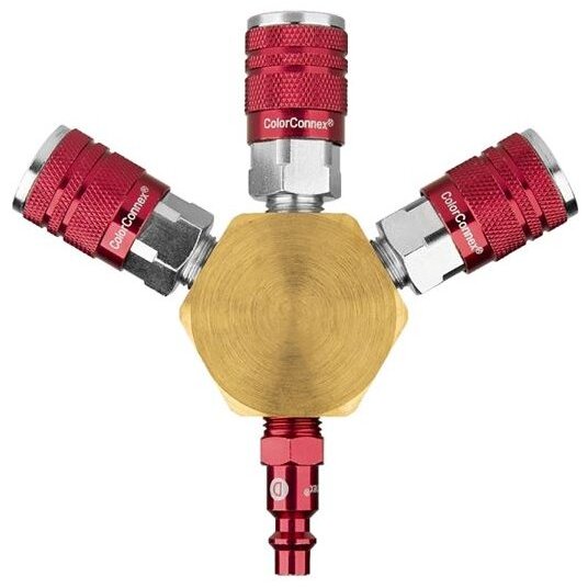 Legacy A84444-D 3-Way Flat Hex Manifold with Three 1/4" ColorConnex Type D Couplers and One 1/4" Plug Legacy A84444-D 3-Way Flat Hex Manifold with Three 1/4" ColorConnex Type D Couplers and One 1/4" Plug