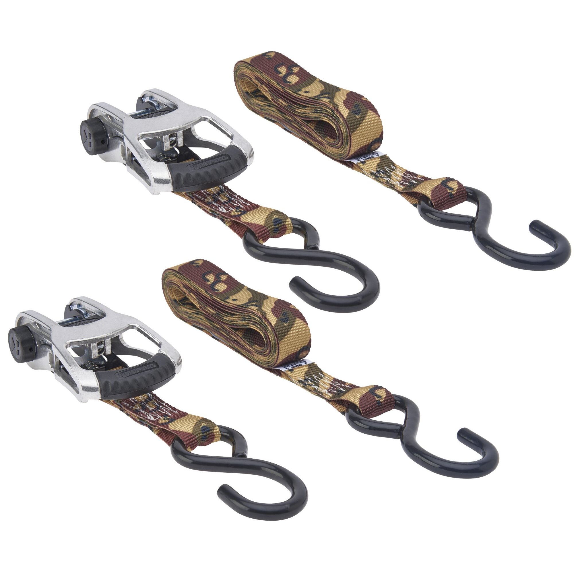 Keeper 47300 1" x 12' Ratchet Tie-Down Straps in Desert Camo with Large Vinyl Covered S-Hooks - 2 Straps per Package Keeper 47300 1" x 12' Ratchet Tie-Down Straps in Desert Camo with Large Vinyl Covered S-Hooks - 2 Straps per Package