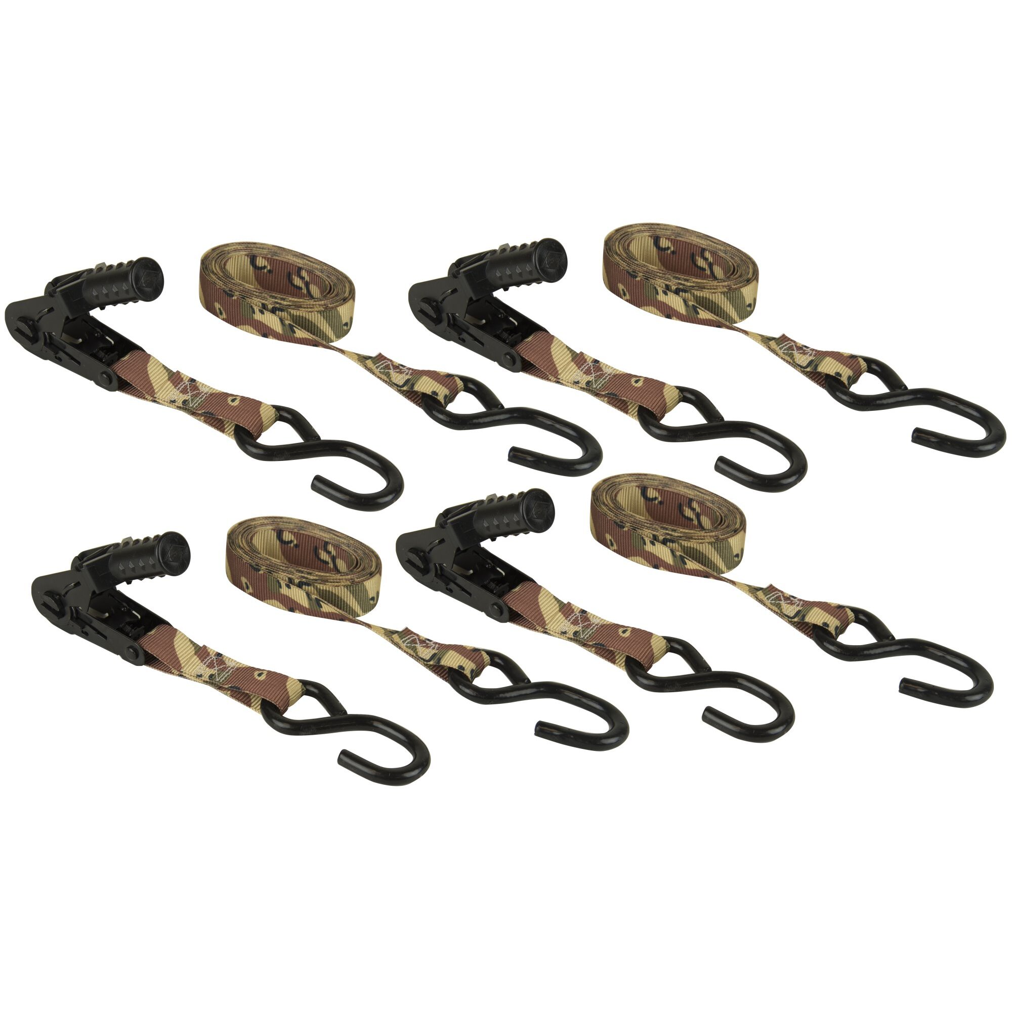 Keeper 47305  1" x 12' Ratchet Tie-Down Straps in Desert Camo with Large Vinyl Coated S-Hooks - 4 Straps per Package