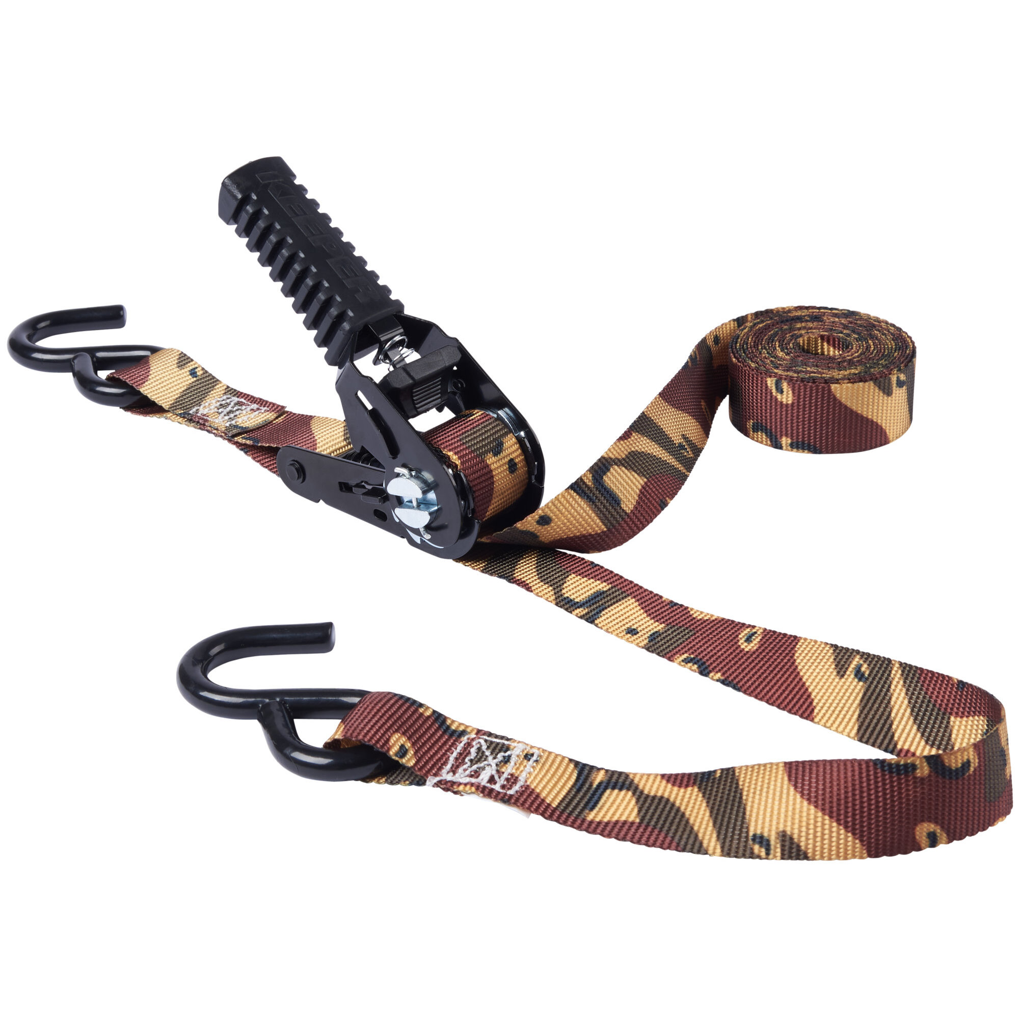 Keeper 85400 1" x 12' Pistol Grip Ratchet Tie-Down Strap in Desert Camo Design with Vinyl Coated S-Hooks Keeper 85400 1" x 12' Pistol Grip Ratchet Tie-Down Strap in Desert Camo Design with Vinyl Coated S-Hooks