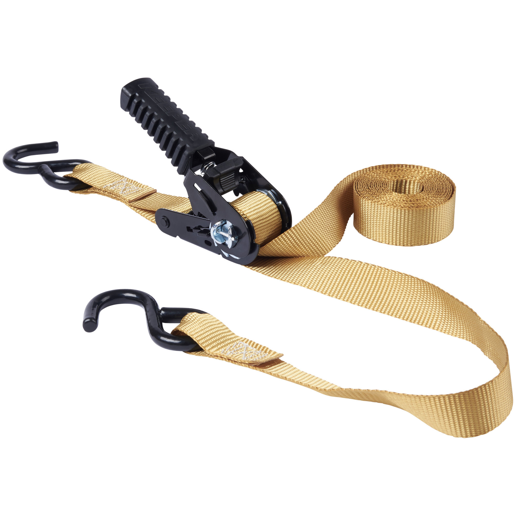 Keeper 85402 1" x 12' Pistol Grip Ratchet Tie-Down Strap in Khaki with Vinyl Coated S-Hooks Keeper 85402 1" x 12' Pistol Grip Ratchet Tie-Down Strap in Khaki with Vinyl Coated S-Hooks