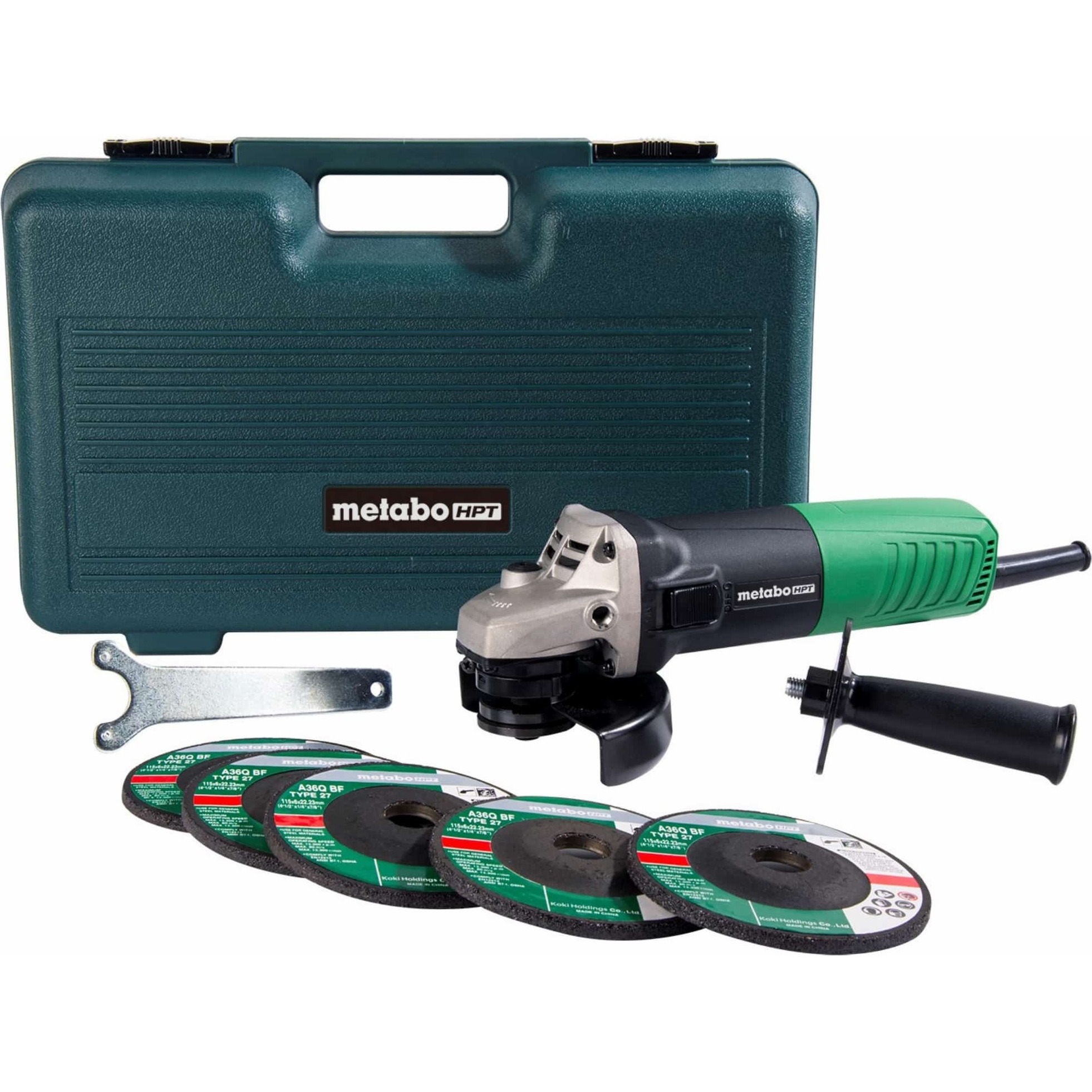 Metabo HPT G12SR4  4-1/2 Inch 6.2 Amp Slide Switch Angle Grinder Kit with 5 Abrasive Wheels