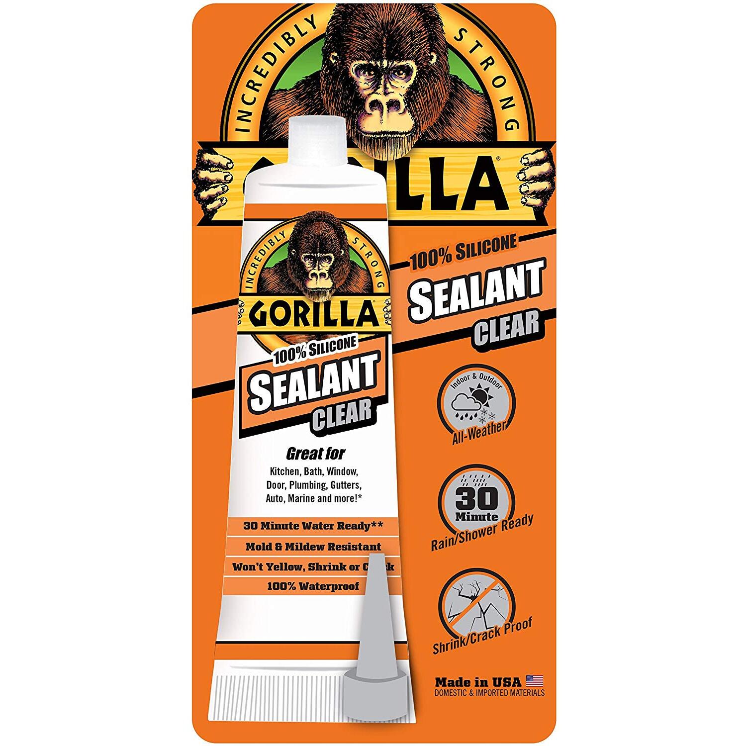 Gorilla Glue 80900-02 Gorilla Waterproof Caulk & Seal100 percent Silicone Sealant, 2.8oz Squeeze Tube, Clear (Pack of 1) Gorilla Glue 80900-02 Gorilla Waterproof Caulk & Seal100 percent Silicone Sealant, 2.8oz Squeeze Tube, Clear (Pack of 1)