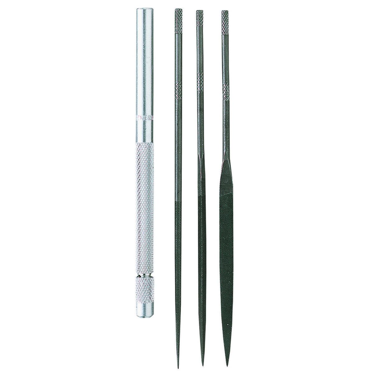 General Tools S477 Four-piece Tool Steel Needle File Set with Handle (42319) General Tools S477 Four-piece Tool Steel Needle File Set with Handle (42319)