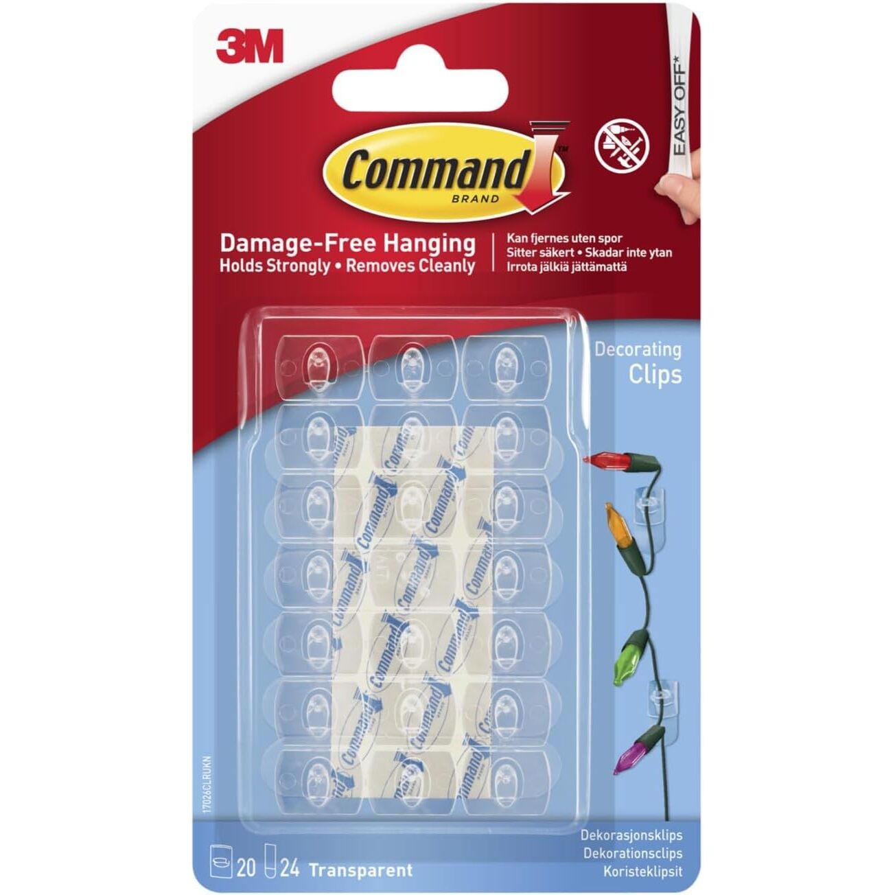 3M 17026CLR-ES  Command Clear Decorating Clips 20 per Package with 24 Strips