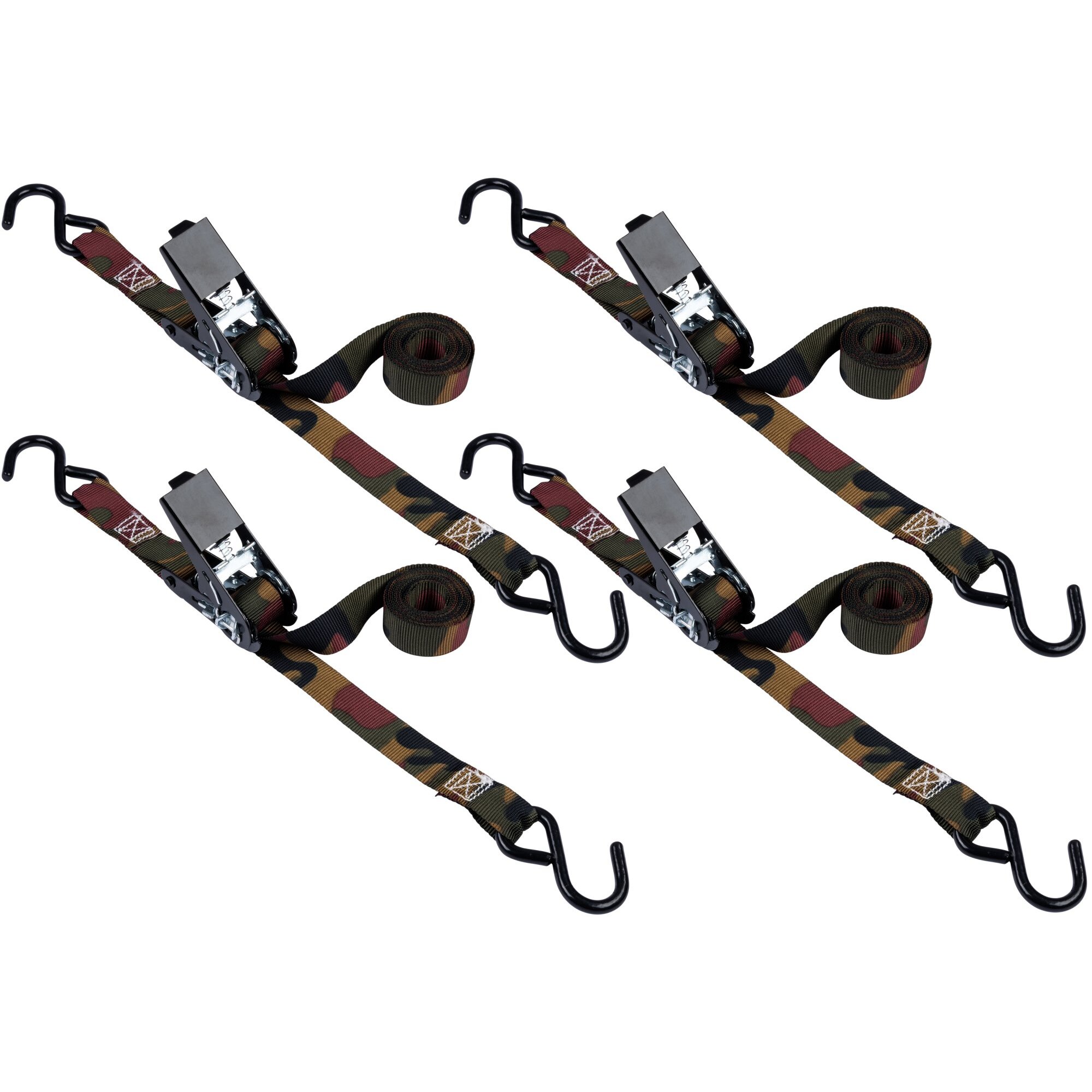 Keeper 03508-V  1" x 8' Ratchet Camo Tie-Downs with Vinyl Coated S-Hooks - 4 Straps per Package