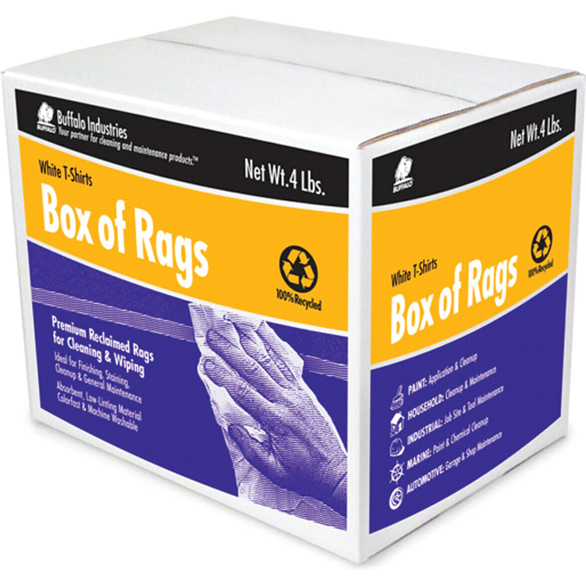 Buffalo 10520  Recycled White T-Shirts Cloth Rags - 4 Lb Box