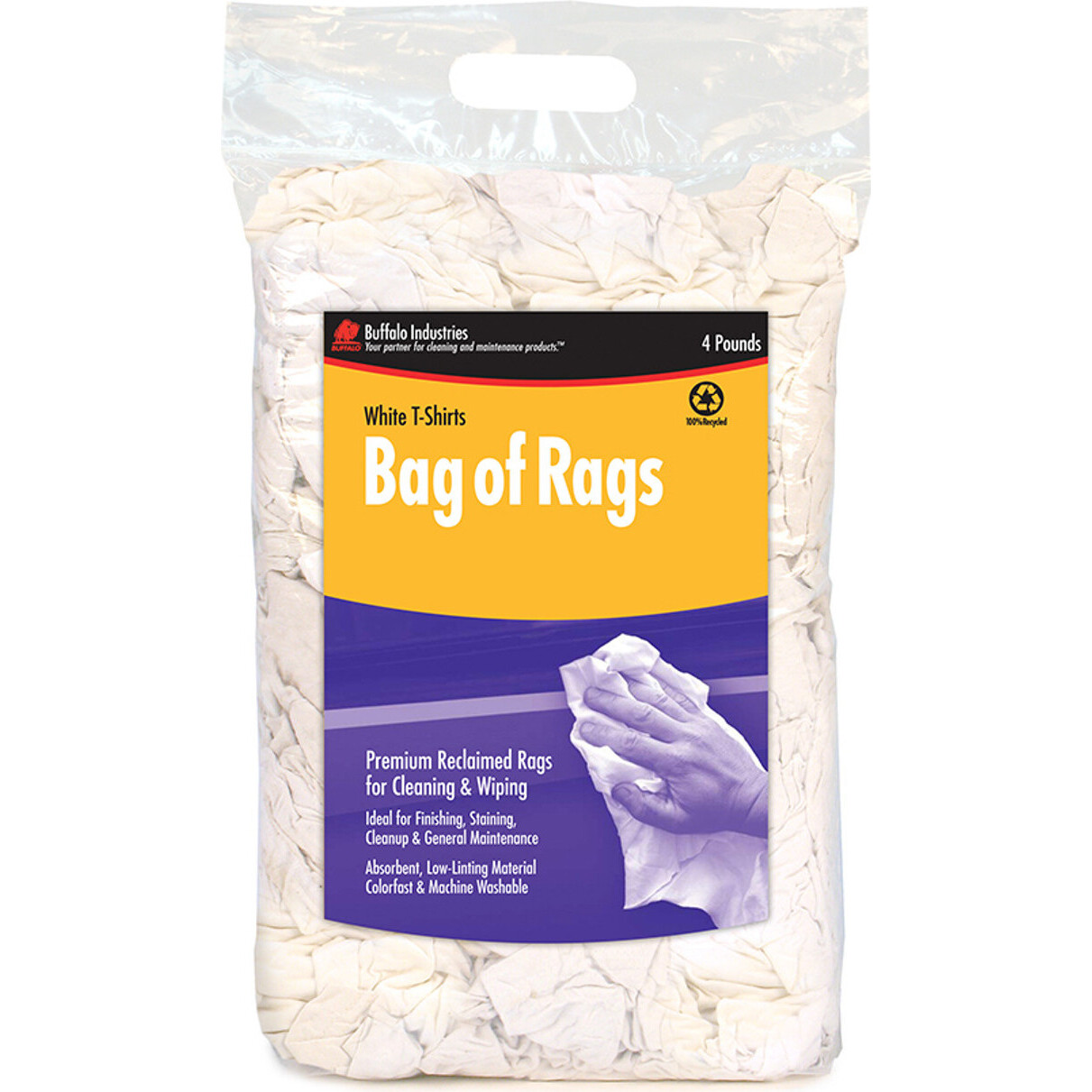 Buffalo 10520PB  Recycled White T-Shirts Cloth Rags - 4 Lb Compressed Bag