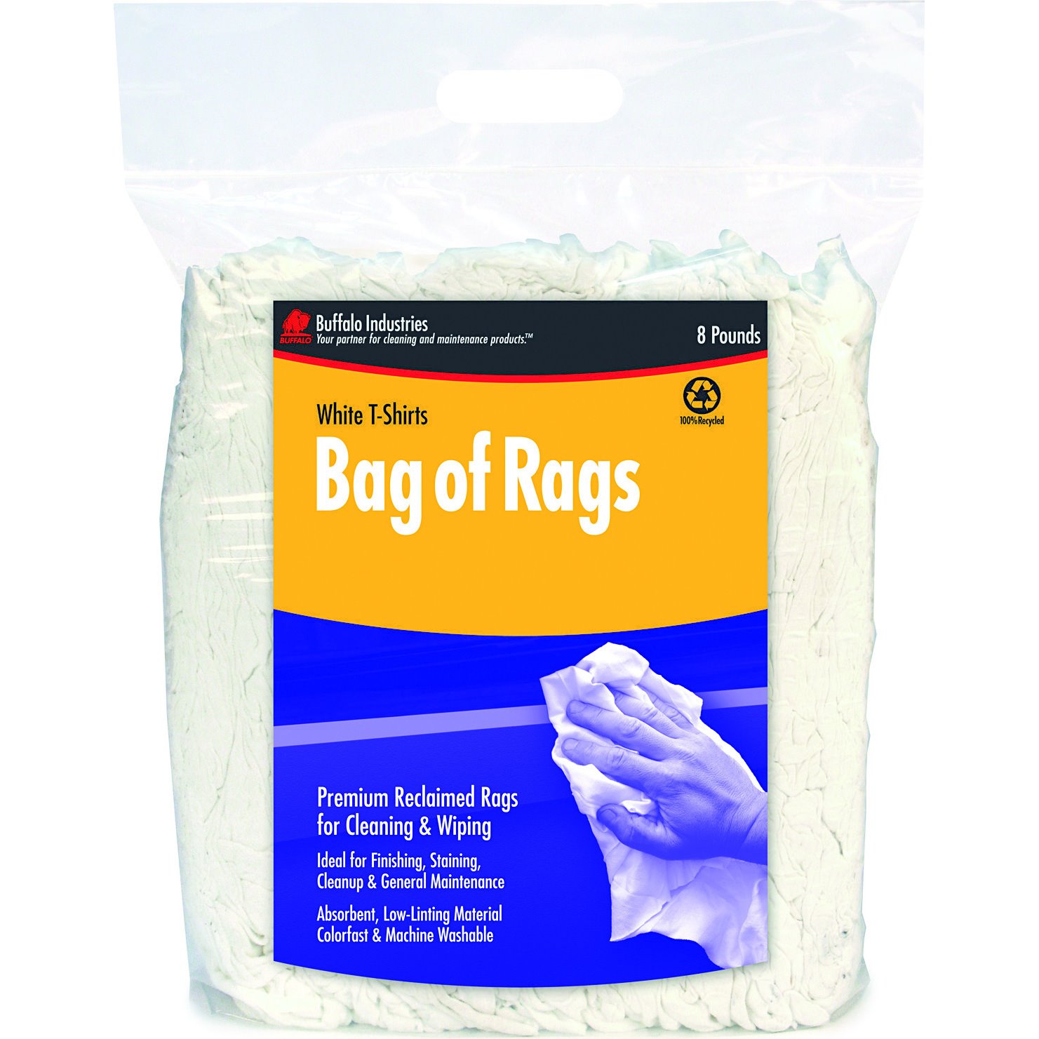Buffalo 10526PB  Recycled White T-Shirts Cloth Rags - 8 Lb Compressed Bag