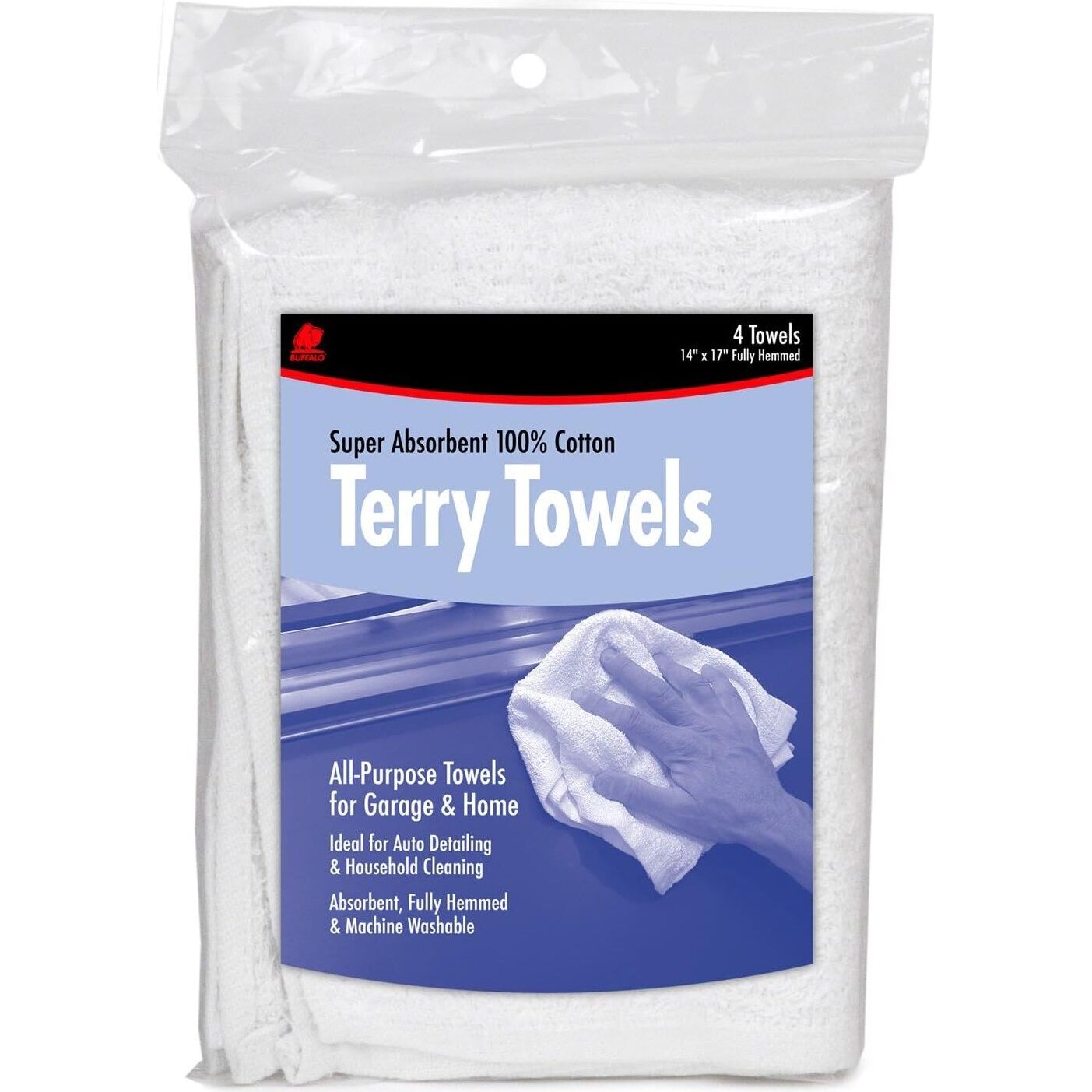 Buffalo 60225 14" x 17" Super Absorbent Cotton Terry Towels - 4 per Bag Buffalo 60225 14" x 17" Super Absorbent Cotton Terry Towels - 4 per Bag