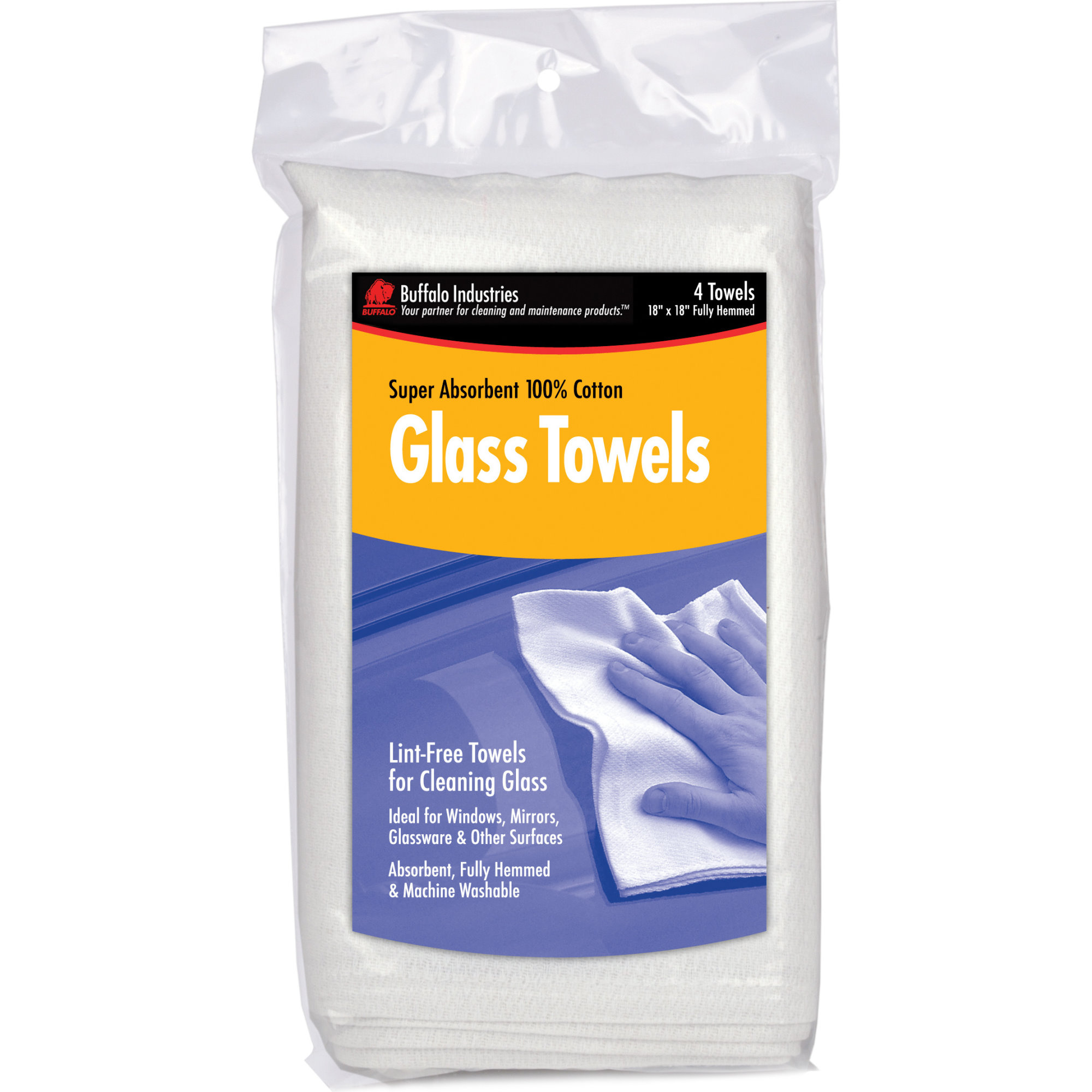 Buffalo 63100HB  18" x 18" Super Absorbent Cotton Glass Towels - 4 per Bag