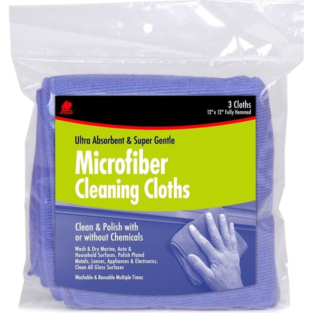 Buffalo 64000  12" x 12" Blue Microfiber Cleaning Cloths - 3 per Bag