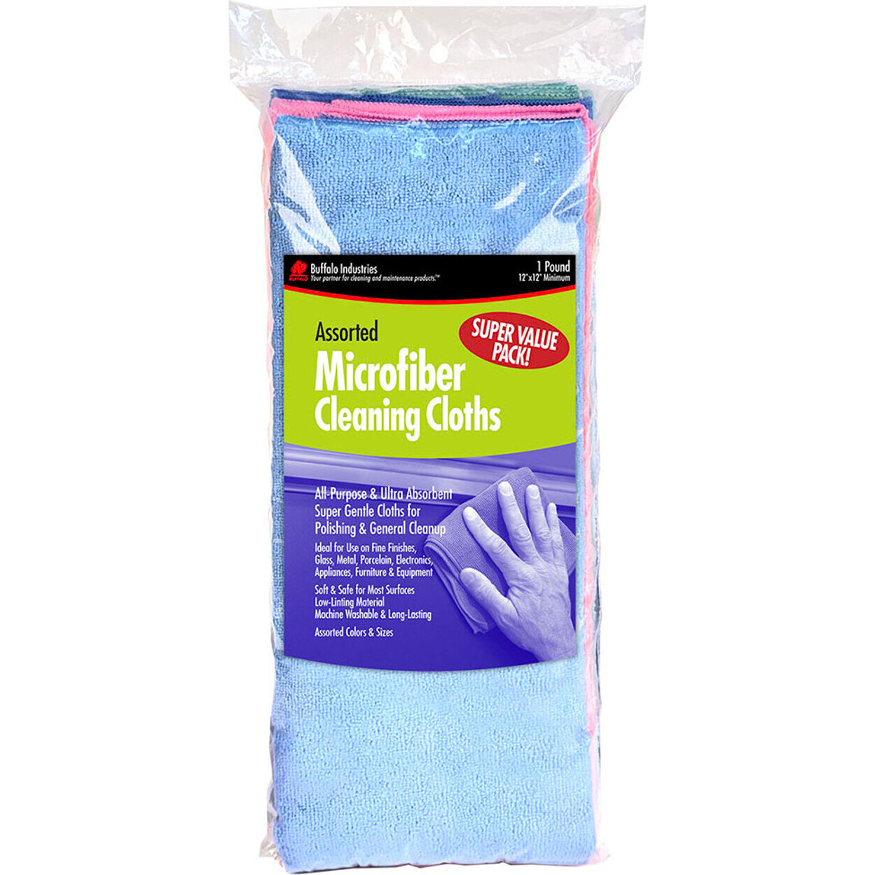 Buffalo 65108  Microfiber Cleaning Cloths Assorted Sizes and Colors - 1 lb Bag