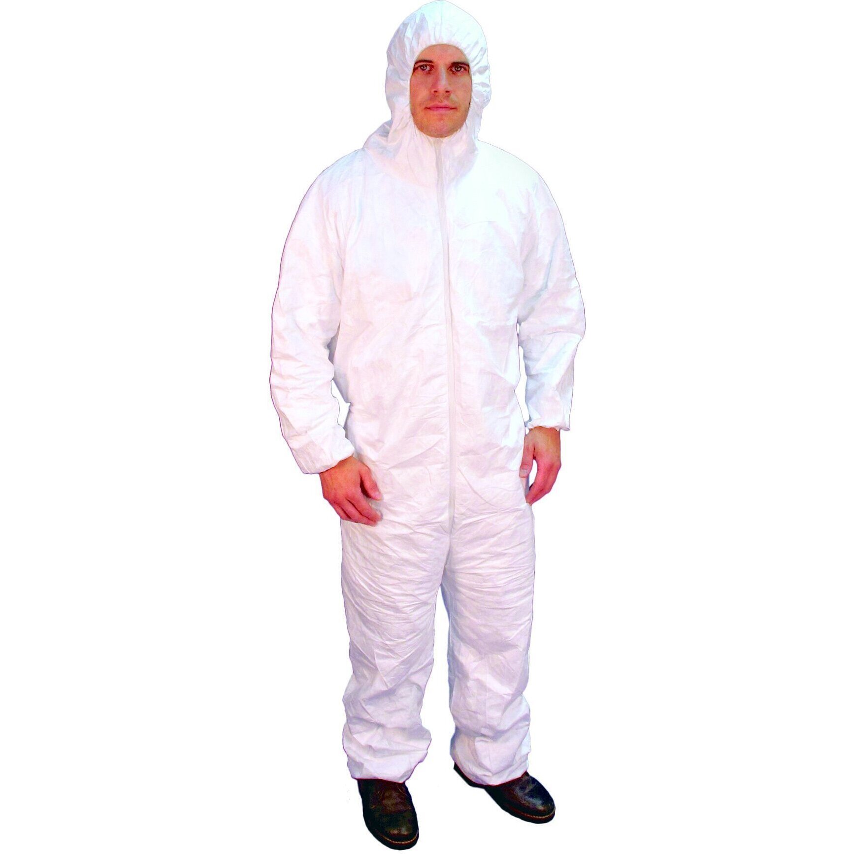 Buffalo 68510  Disposable White Polypro Hooded Coveralls Size Large (42-44) - 1 per Package