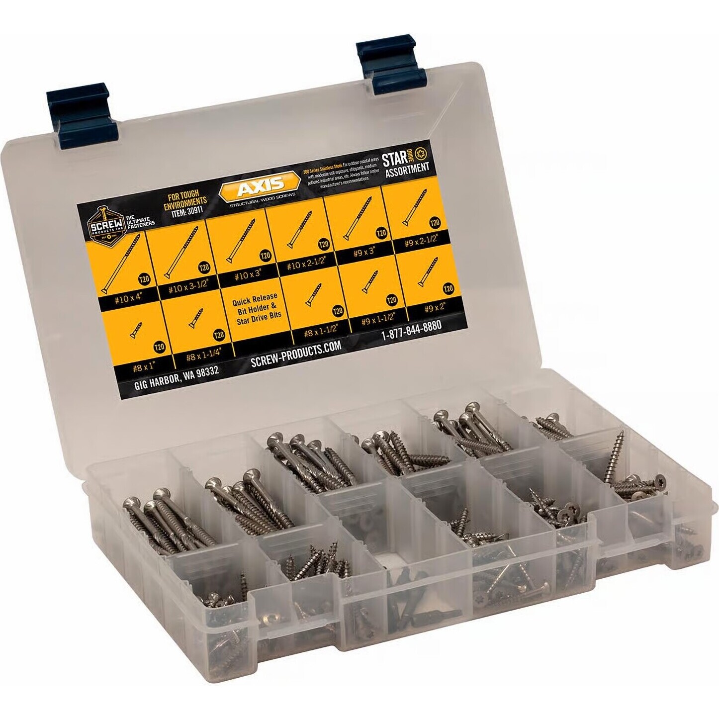 Screw Products 30911   AXIS Assortment Kit (T20-Drive) 300 Series Stainless Steel Structural Wood Screws - 380 Screws #8 to #10 and 1" to 4" with Bit Holder and 4 Bits