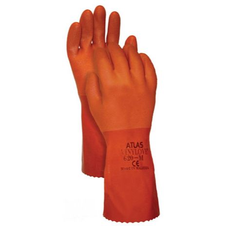 Showa Atlas 620X-07 PVC Coated with Cotton Liner 12" Long Cuff Chemical Resistant Gloves - Small