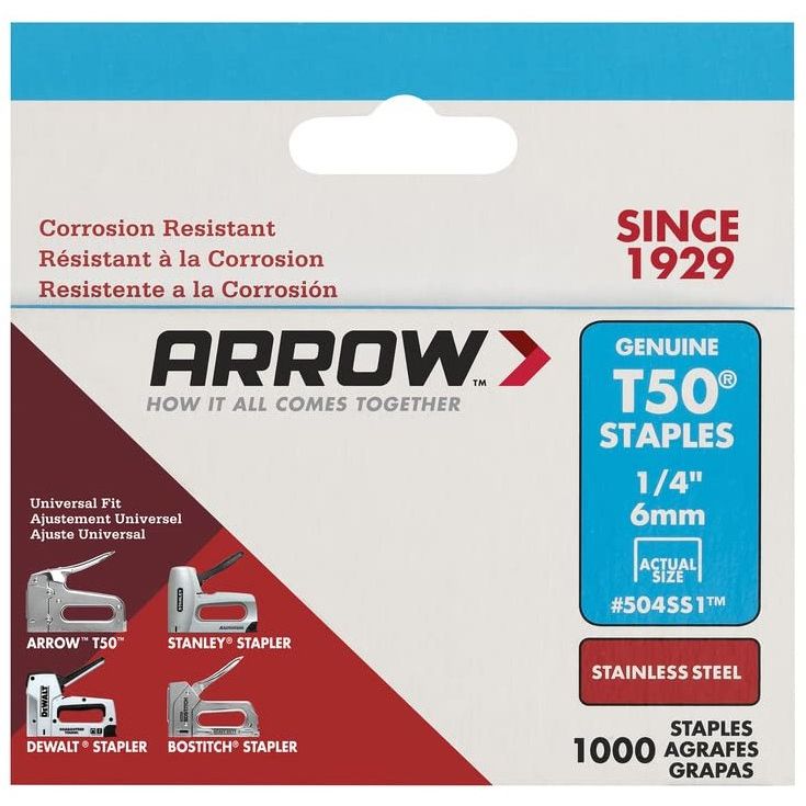 Arrow Fastener 504SS1 T50 1/4" Heavy Duty Stainless Steel Staples 1000 per Package Arrow Fastener 504SS1 T50 1/4" Heavy Duty Stainless Steel Staples 1000 per Package