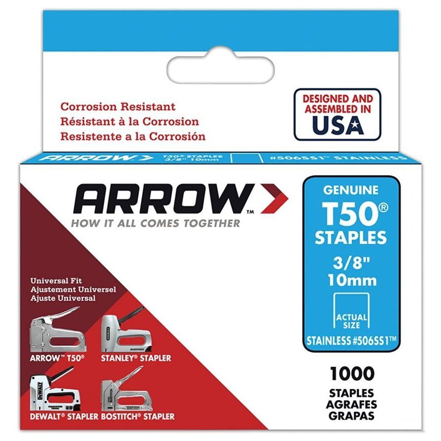 Arrow Fastener 506SS1 T50 3/8" Heavy Duty Stainless Steel Staples 1000 per Package Arrow Fastener 506SS1 T50 3/8" Heavy Duty Stainless Steel Staples 1000 per Package