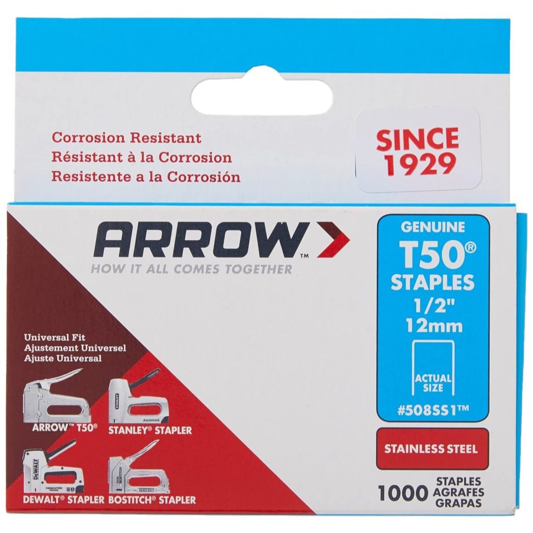 Arrow Fastener 508SS1 T50 1/2" Heavy Duty Stainless Steel Staples 1000 per Package Arrow Fastener 508SS1 T50 1/2" Heavy Duty Stainless Steel Staples 1000 per Package