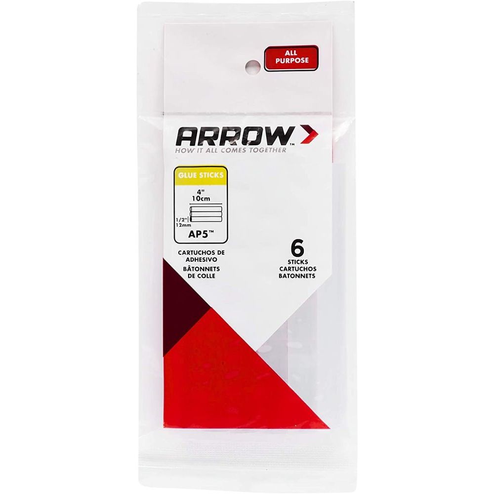 Arrow Fastener AP5 4" x 1/2" All Purpose Clear Hot Melt Glue Sticks 6 per Package Arrow Fastener AP5 4" x 1/2" All Purpose Clear Hot Melt Glue Sticks 6 per Package