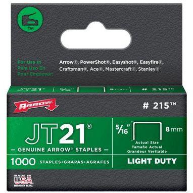 Arrow Fastener 215 JT21 5/16" Flat Crown Light Duty Staples 1000 per Package Arrow Fastener 215 JT21 5/16" Flat Crown Light Duty Staples 1000 per Package