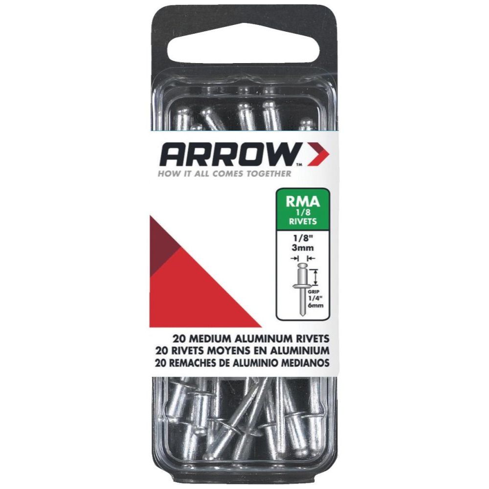 Arrow Fastener RMA1/8  1/8" x 1/4" Medium Aluminum Rivet 20 per Package