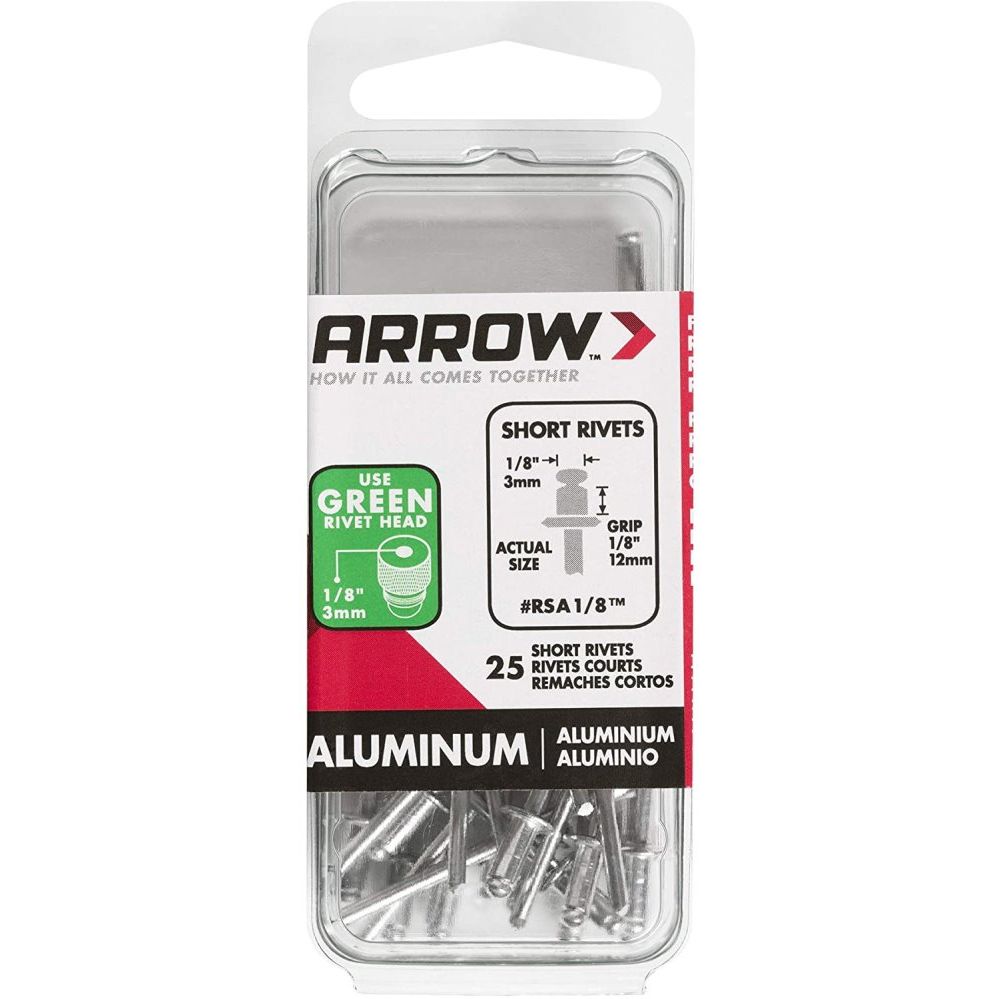 Arrow Fastener RSA1/8 1/8" x 1/8" Short Aluminum Rivet 25 per Package Arrow Fastener RSA1/8 1/8" x 1/8" Short Aluminum Rivet 25 per Package