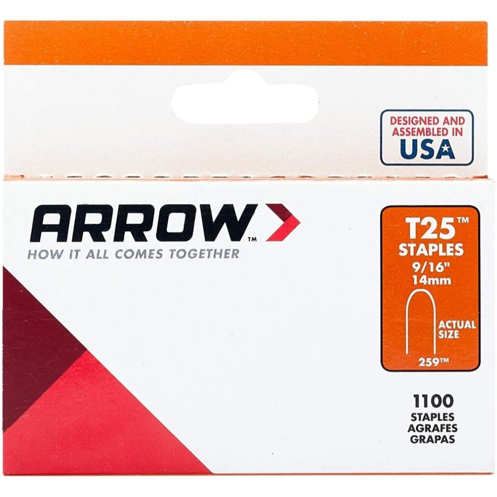 Arrow Fastener 259 T25 9/16" Leg Round Crown Staples 1100 per Package Arrow Fastener 259 T25 9/16" Leg Round Crown Staples 1100 per Package