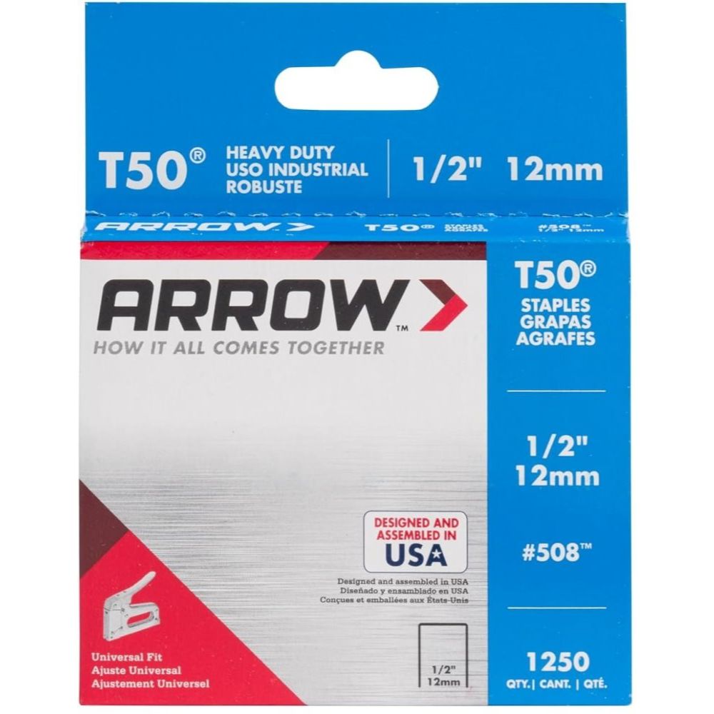 Arrow Fastener 508  T50 1/2" Heavy Duty Steel Staples 1250 per Package