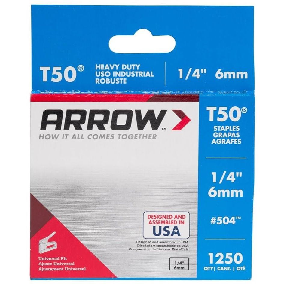 Arrow Fastener 504  T50 1/4" Heavy Duty Steel Staples 1250 per Package