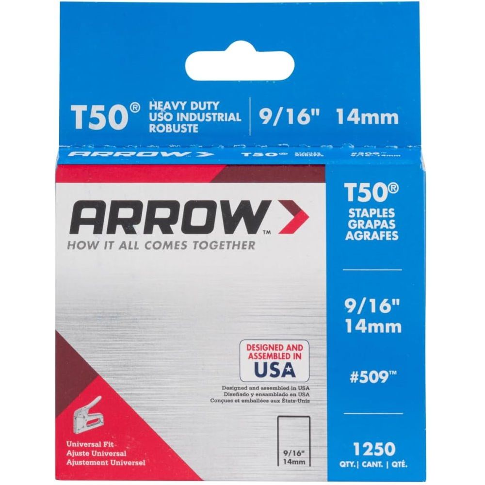 Arrow Fastener 509  T50 9/16" Heavy Duty Steel Staples 1250 per Package