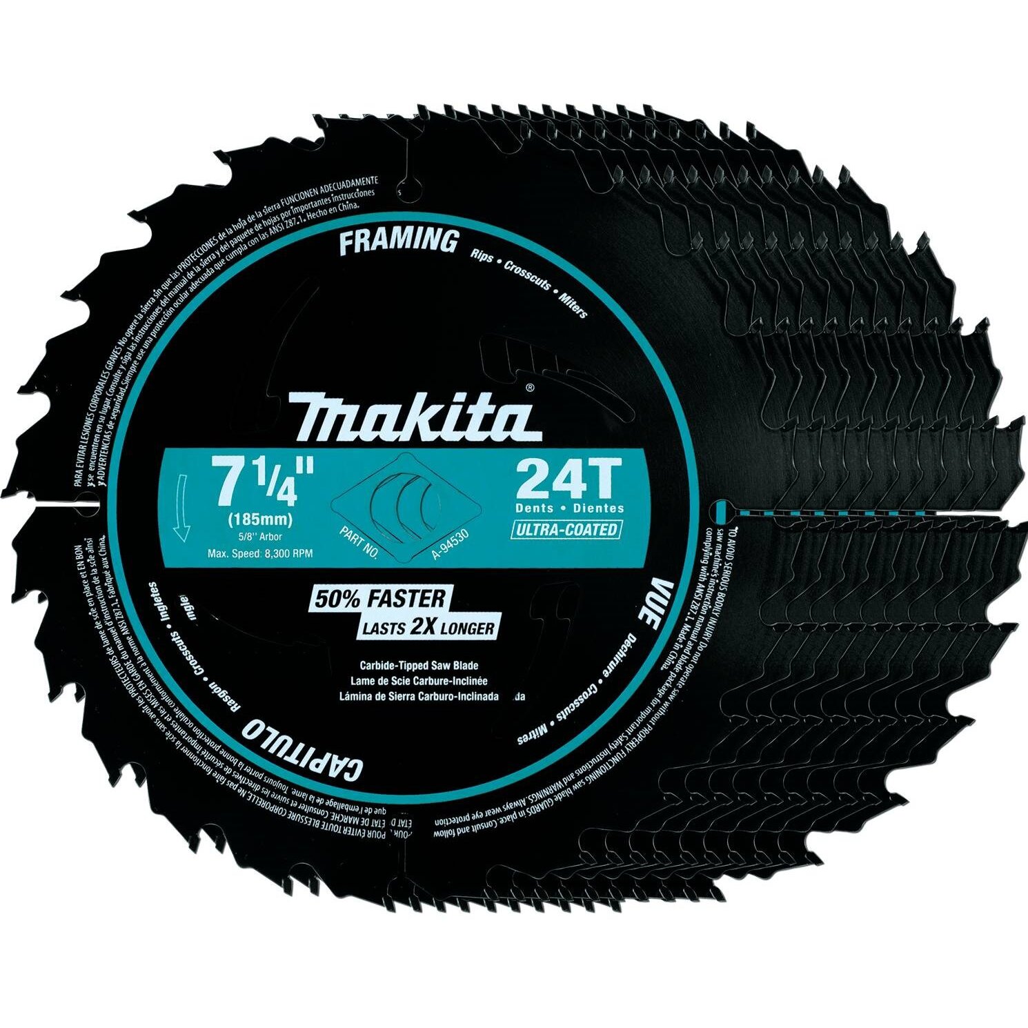 Makita A-94530-10 7-1/4" 24T Carbide Tipped, Ultra Coated Circular Saw Blade, Framing, 10 per package Makita A-94530-10 7-1/4" 24T Carbide Tipped, Ultra Coated Circular Saw Blade, Framing, 10 per package