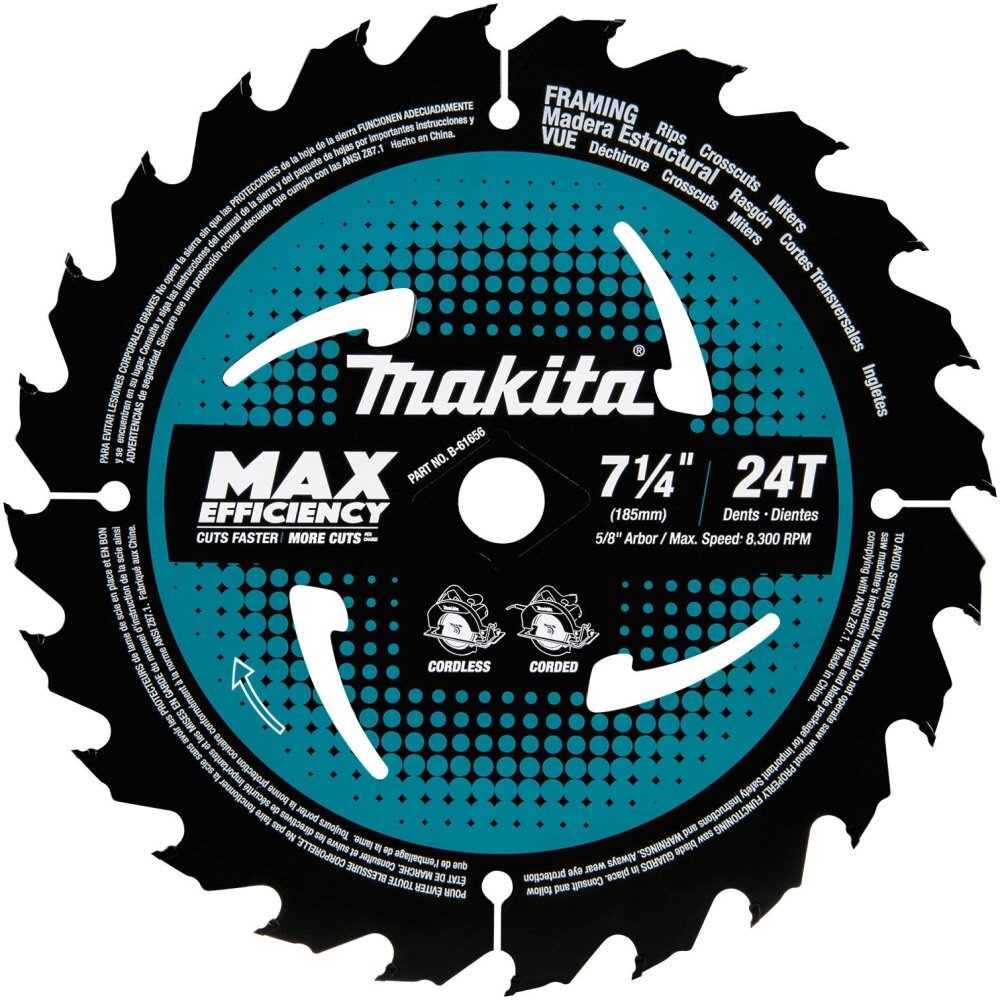 Makita B-61656  7-1/4" 24T Carbide-Tipped Max Efficiency Circular Saw Blade, Framing