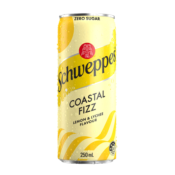Schweppes Coastal Fizz Lemon & Lychee Zero Sugar 250mL Cans 24 Pack