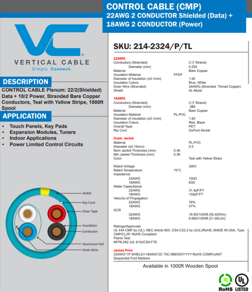 Lighting Control System Cable Plenum 22/2 Data + 16/2 Power