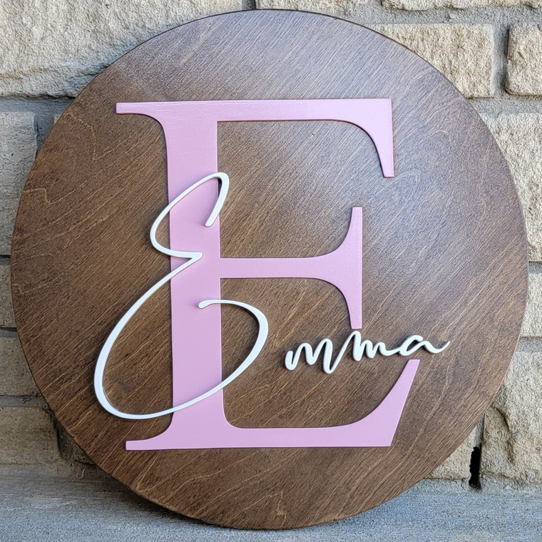 Monogram Name Round with stained background, pink monogram, and white name.