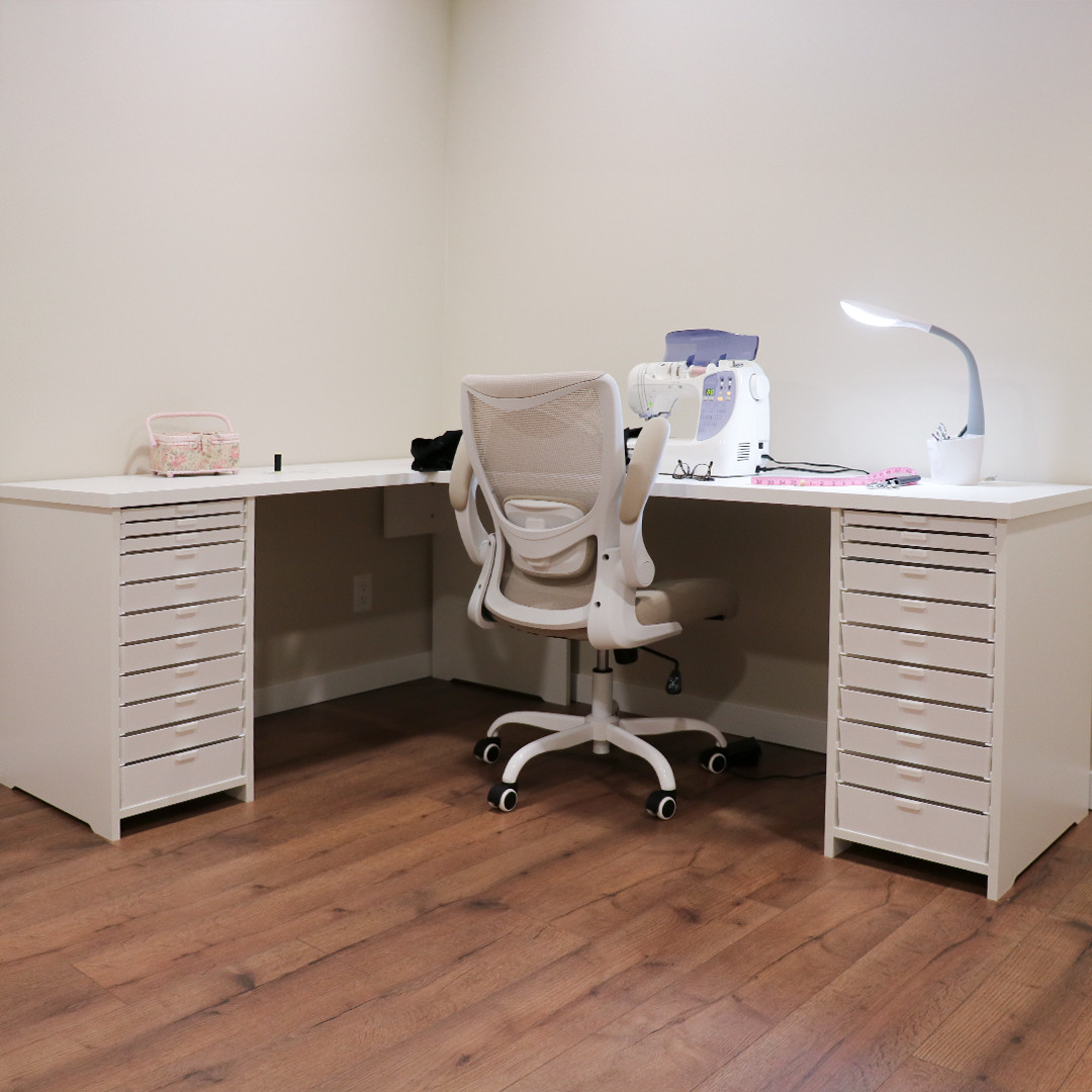 BCO L-Shape Corner Craft Desk in an organized craft room